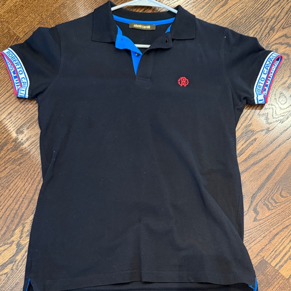 Roberto Cavalli Black Polo with Blue and Red Details